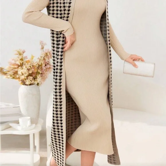 Beige and Black Houndstooth Long Cardigan Dress - Picture 6 of 14